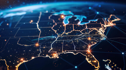 A view from space of an illuminated digital map of the United States, showing a dynamic network of connections and data flow