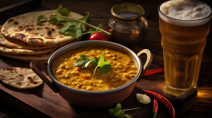 Indian Tarka Dal Curry with Roti and Beer Indian Lentil Curry - obrazy, fototapety, plakaty