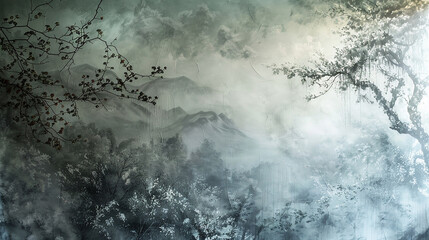 Whispers of misty fog, painted with delicate strokes, drifting across the wall. - obrazy, fototapety, plakaty