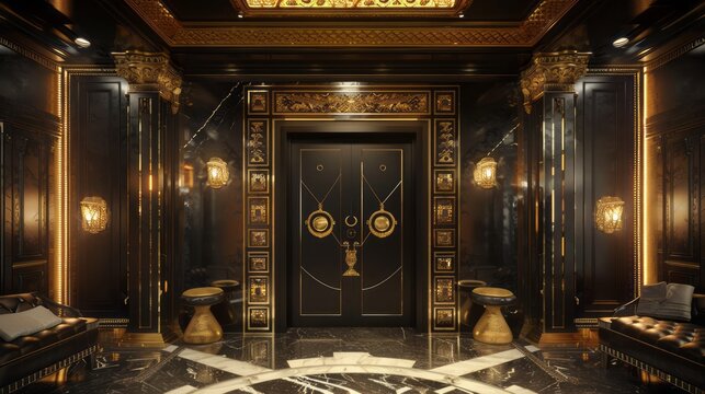 11h shot with large format camera, photo-realism, style of Art Nouveau, Art Deco, Avant Garde, black and gold