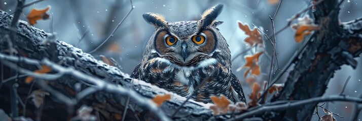 Majestic great horned owl portrait in photorealistic high quality photography style - obrazy, fototapety, plakaty