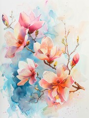 Relaxing and serene watercolor, ethereal blossoms in bright soft pastels, tranquil and delicate