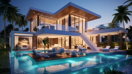 Fototapeta na wymiar Luxury pool villa spectacular contemporary design digital art real estate home house and property 