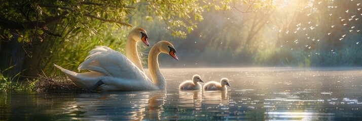 Tranquil swan family nesting  proud parents watching cygnets  first swim in serene pond - obrazy, fototapety, plakaty