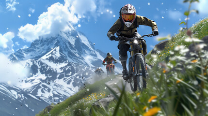 Mountain bikers racing along the trail