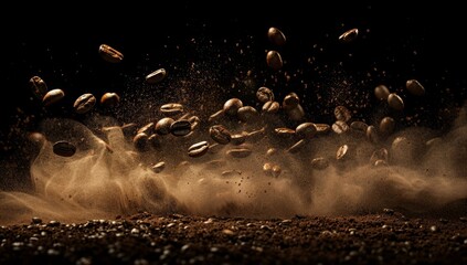 KSA photo of coffee beans falling on the ground with - obrazy, fototapety, plakaty