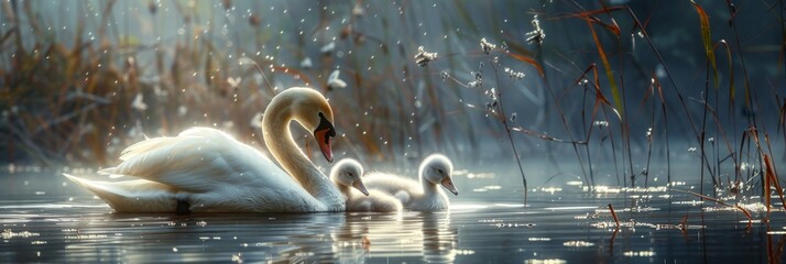 Tranquil swan family nesting  proud parents and fluffy cygnets in serene pond scene