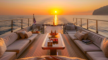 Sunset over the Mediterranean, luxury yacht vacation, serene ocean dining and relaxation - obrazy, fototapety, plakaty