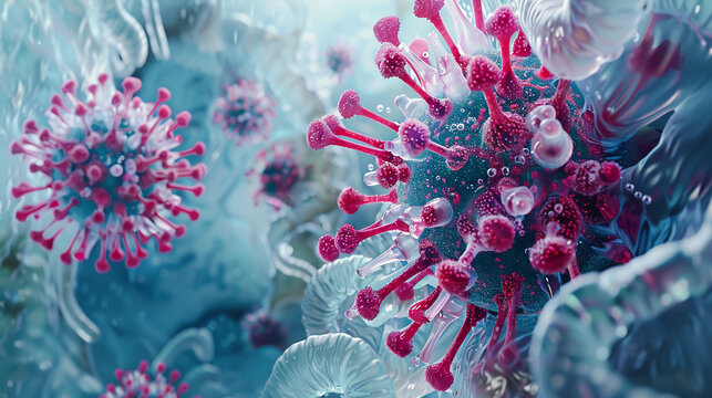 A 3D journey inside the body where scifi antivirals lock onto HIV dismantling it with precision a medical marvel unfolding. Generative ai.