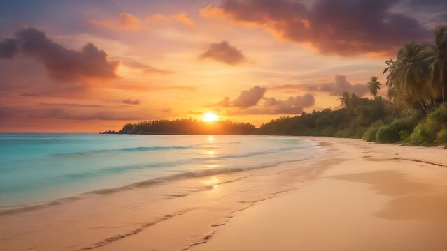 Sunset on sand beach, perfect vacation on tropical island, summer holiday travel landscape photo
