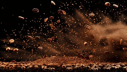 KSA photo of coffee beans falling on the ground with - obrazy, fototapety, plakaty