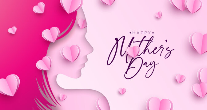 Happy Mother's Day Greeting Card Design with Paper Heart and Woman Face Silhouette on Light Pink Background. Vector Mothers Day Illustration for Banner, Postcard, Flyer, Invitation, Brochure, Poster.