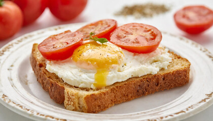 Slice of toasted bread with cream cheese eggs and tomatoes. Tasty breakfast. Delicious food.