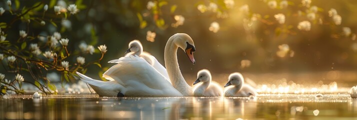 Tranquil swan family in photorealistic wide angle photography with cygnets exploring pond - obrazy, fototapety, plakaty