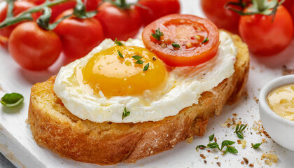 Slice of toasted bread with cream cheese eggs and tomatoes. Tasty breakfast. Delicious food.