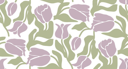 Floral seamless pattern. Groovy purple tulips and leaves in contemporary aesthetic style. Minimal printable background.