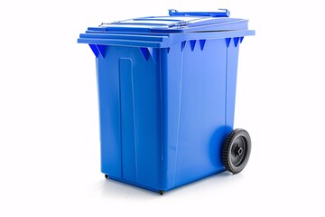 a blue trash can with wheels