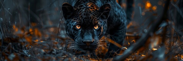 Mysterious black jaguar prowling in forest shadows with intense gaze, realistic wide angle shot - obrazy, fototapety, plakaty