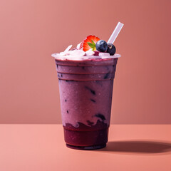 Purple drink in plastic cup with straw on isolated background сreated with Generative Ai