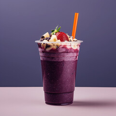 Purple drink in plastic cup with straw on isolated background сreated with Generative Ai