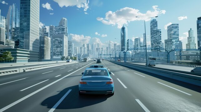 A 3D self-driving car moves automatically through a city highway. AI sensors scan the road ahead to find this vehicle