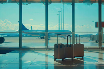 traveler suitcases in airport terminal waiting area, empty hallway interior with big windows