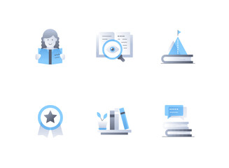 Preschool education - flat design style icons set. High quality colorful images of student reading, bookshelf and information, achievement and medals, literature discussion, study and learn idea