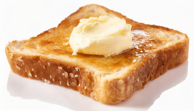 Slice of toasted bread with butter spread aside. Tasty breakfast. Delicious food. Isolated on white