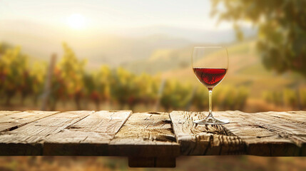 A rustic wood table top, featuring a glass of fine wine, overlooks a blurred vineyard landscape, creating an idyllic backdrop for displaying products or montages,  - obrazy, fototapety, plakaty