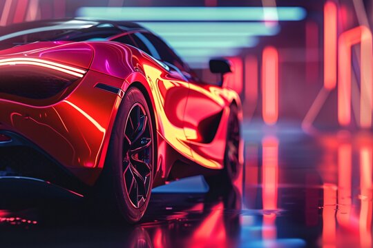 a red sports car parked in a room with neon lights