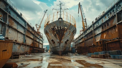 A big ship is under construction in the shipyard