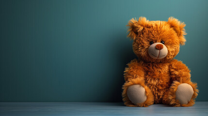 Teddy bear sitting on blue wall toy animal cute - obrazy, fototapety, plakaty