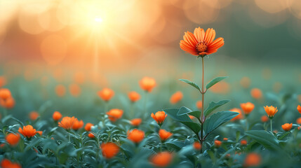 Orange flower in field at sunset yellow leaf green color season - obrazy, fototapety, plakaty