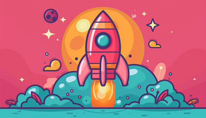 Rocket ship flies up with sky clouds on pink background. Flat icon. Vector illustration with flying shuttle. Space travel. Space rocket launch. New project start up concept. Creative idea.