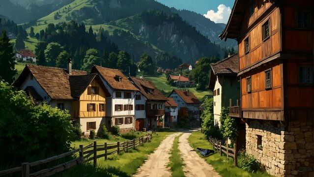  A animation Beautiful village scenery with pigeons, butterflies, ducks Seamless looping 4k time-lapse animation video background