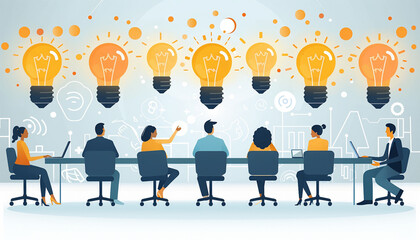 Vector flat illustration, business meeting and brainstorming, business concept for teamwork, searching for new solutions, little people are sitting on light bulbs in search of ideas - Vector