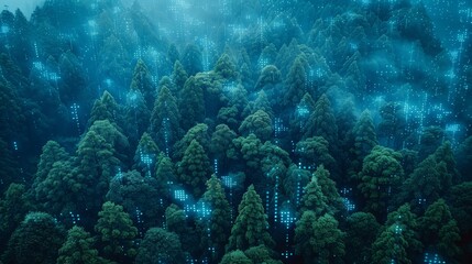Naklejka na ściany i meble A surreal forest where trees communicate wirelessly