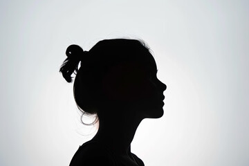 A dark silhouette figure of young girl on white background, with unclear face feature - obrazy, fototapety, plakaty