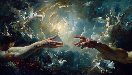 Hands of god or Jesus Christ in the clouds. Human hands open palm up worship. Eucharist Therapy Bless God Helping Repent Catholic Easter Lent Mind Pray. Christian Religion concept background.
