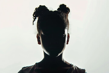 A dark silhouette figure of young girl on white background, with unclear face feature - obrazy, fototapety, plakaty