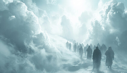 people walking to the light in heaven. Standing in a row waiting to go to heaven in white clouds. Christian prayers are in queue praying to the Jesus. Believe - obrazy, fototapety, plakaty