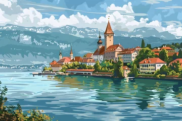 Fototapeten Malerei des Bodensees: Idyllische Landschaft mit klarem Wasser und Alpenpanorama © Lake Stylez