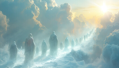 people walking to the light in heaven. Standing in a row waiting to go to heaven in white clouds. Christian prayers are in queue praying to the Jesus. Believe - obrazy, fototapety, plakaty