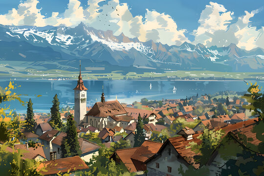 Malerei des Bodensees: Idyllische Landschaft mit klarem Wasser und Alpenpanorama