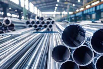Galvanized steel pipe, or aluminum and chrome stainless pipes stacked in warehouse - obrazy, fototapety, plakaty