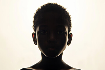 A dark silhouette figure of young boy on white background, with unclear face feature - obrazy, fototapety, plakaty