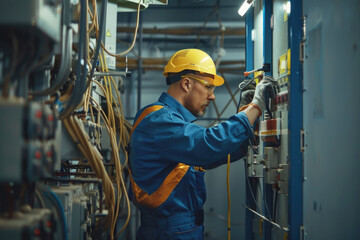 Electrician man works in a switchboard with an electrical connecting cable