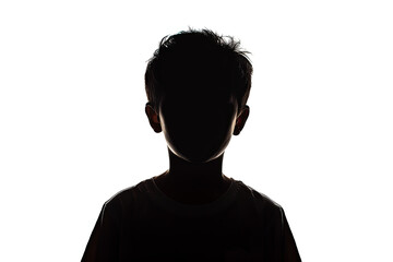 A dark silhouette figure of young boy on white background, with unclear face feature