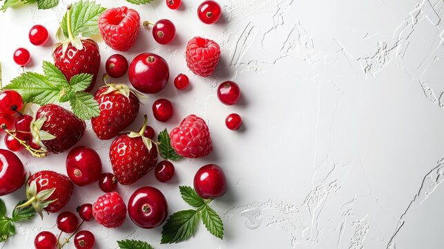 Top view of berries with copy space on white background   photorealistic stock photo