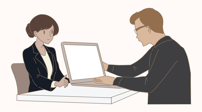 Two multicultural business people sitting opposite. Employees using computer, discussing project. Cheerful job candidate speaking to recruiter. Hand drawn flat cartoon character vector illustration.